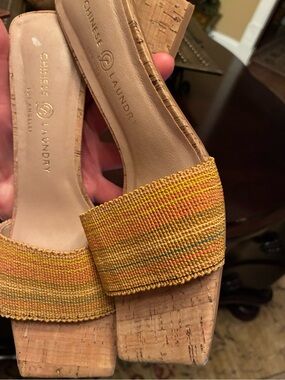 Yellow Woven Cork-Heel Slide Sandals - Women. Size 8